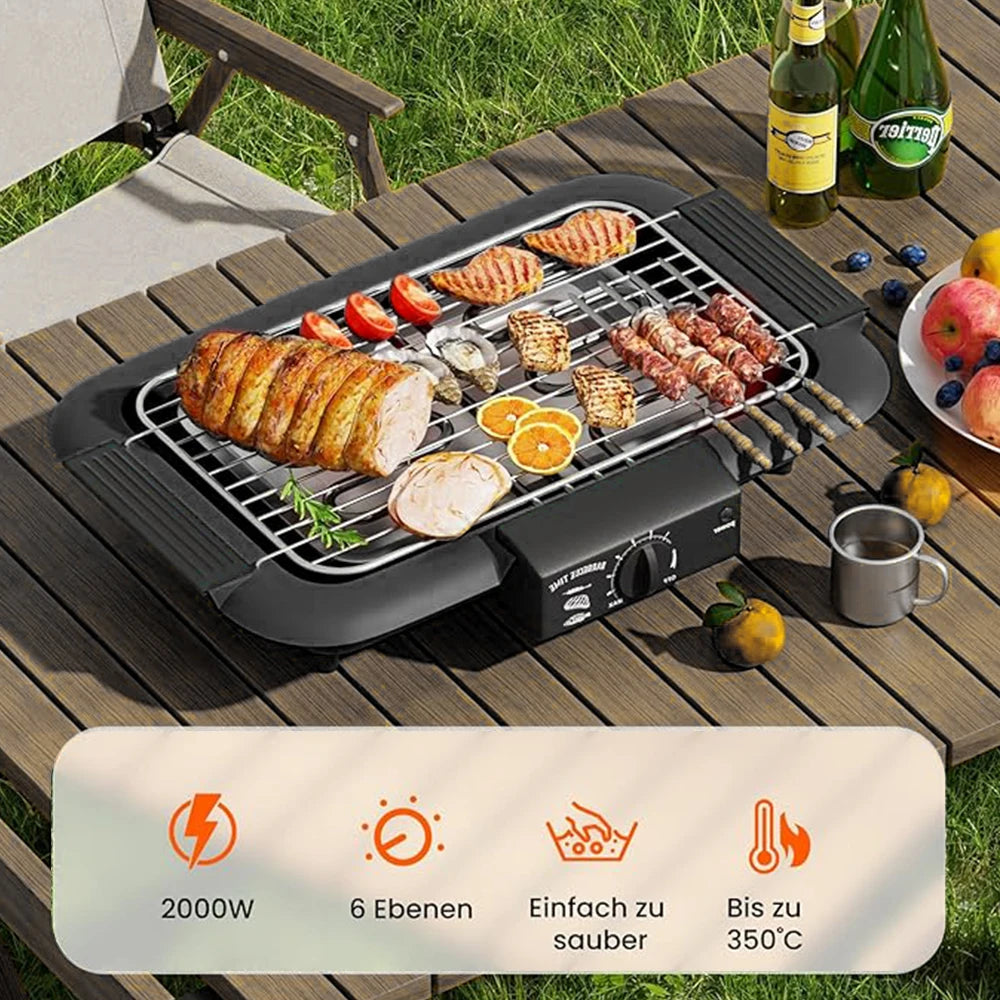 Grill Électrique Portable 1800W – Barbecue d’Intérieur et d’Extérieur avec 6 Températures Réglables et Bac à Graisse Amovible