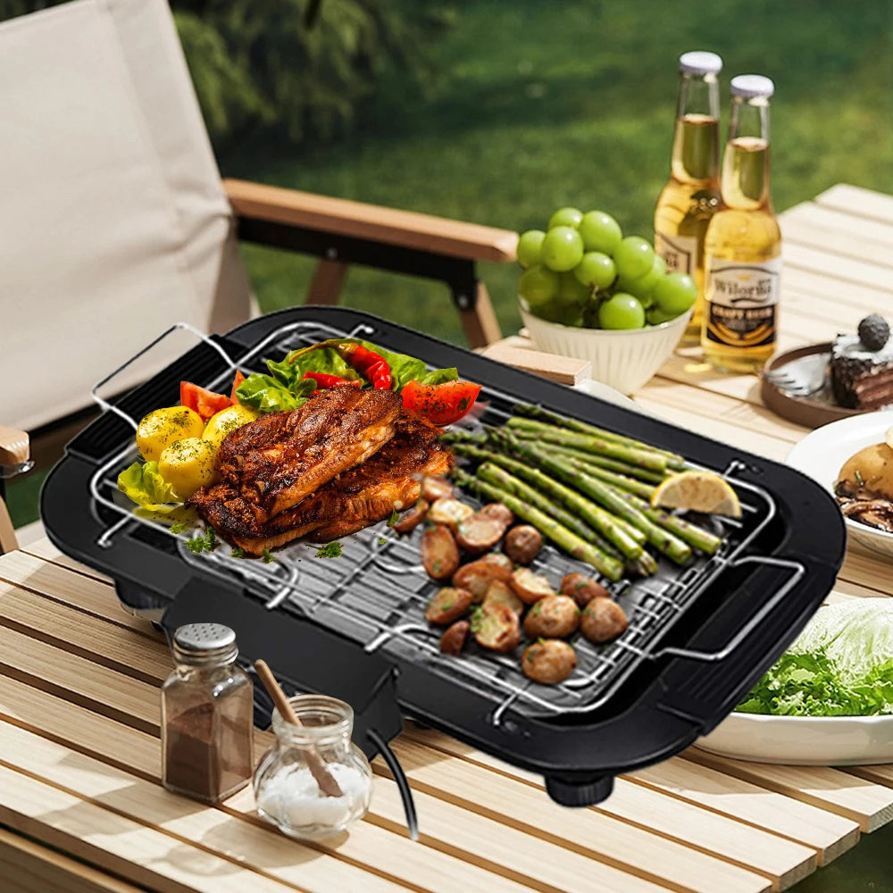 Grill Électrique Portable 1800W – Barbecue d’Intérieur et d’Extérieur avec 6 Températures Réglables et Bac à Graisse Amovible