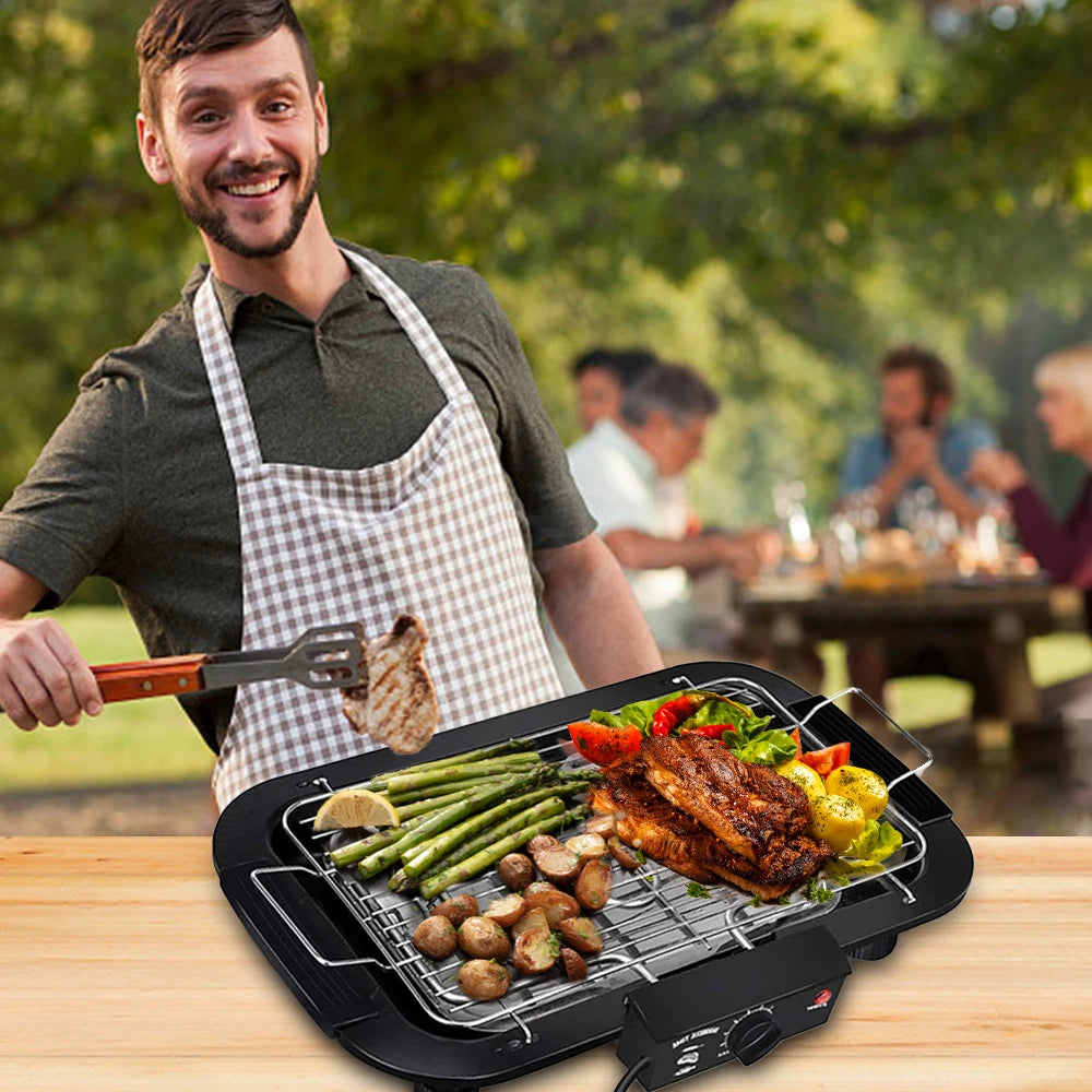 Grill Électrique Portable 1800W – Barbecue d’Intérieur et d’Extérieur avec 6 Températures Réglables et Bac à Graisse Amovible
