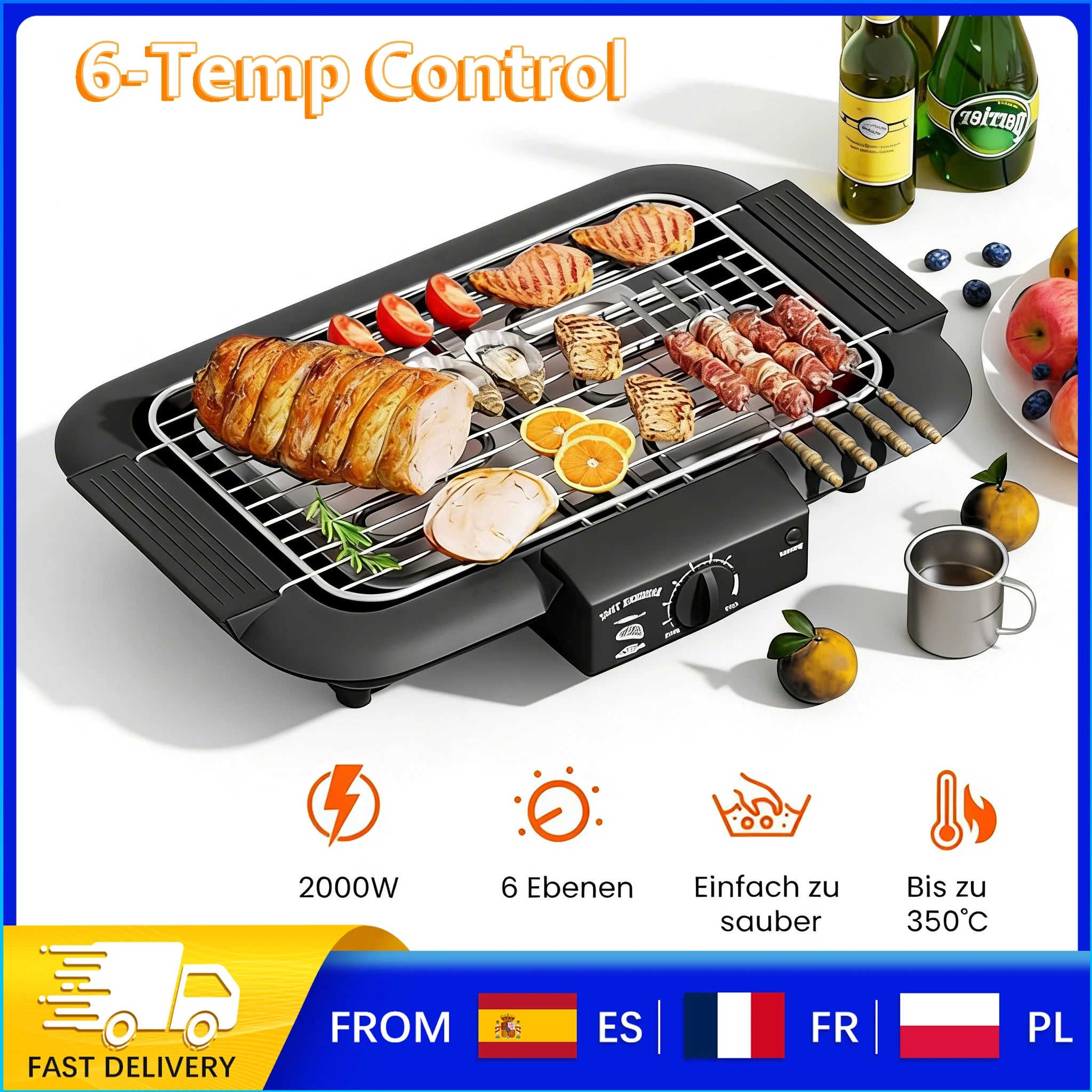 Grill Électrique Portable 1800W – Barbecue d’Intérieur et d’Extérieur avec 6 Températures Réglables et Bac à Graisse Amovible