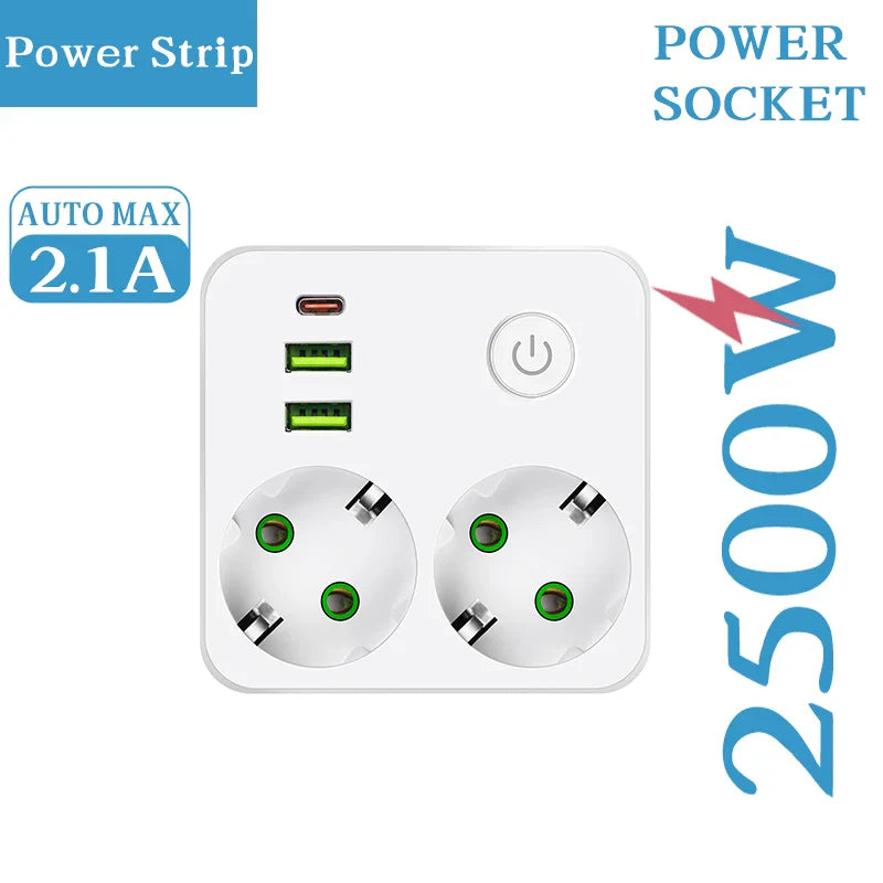 Multiprise Bouton ON/OFF - 2 prises/ 2 Ports USB/ 1 Port USB Type-C
