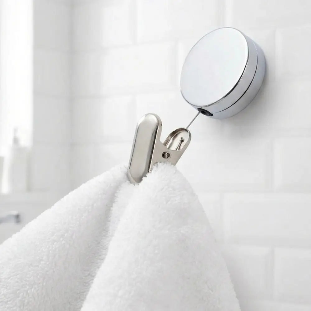 Porte-Serviette Mural Rétractable Auto-Adhésif — Lot de 2, Clip Inox, Salle de Bain & Cuisine