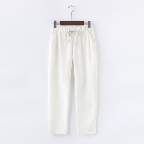 PANTALON EN COTON ET LIN POUR FEMME - TAILLE ÉLASTIQUE