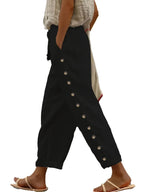 Pantalon en Lin & Coton à Taille Élastique 7/8 - Détail Bouton Longueur