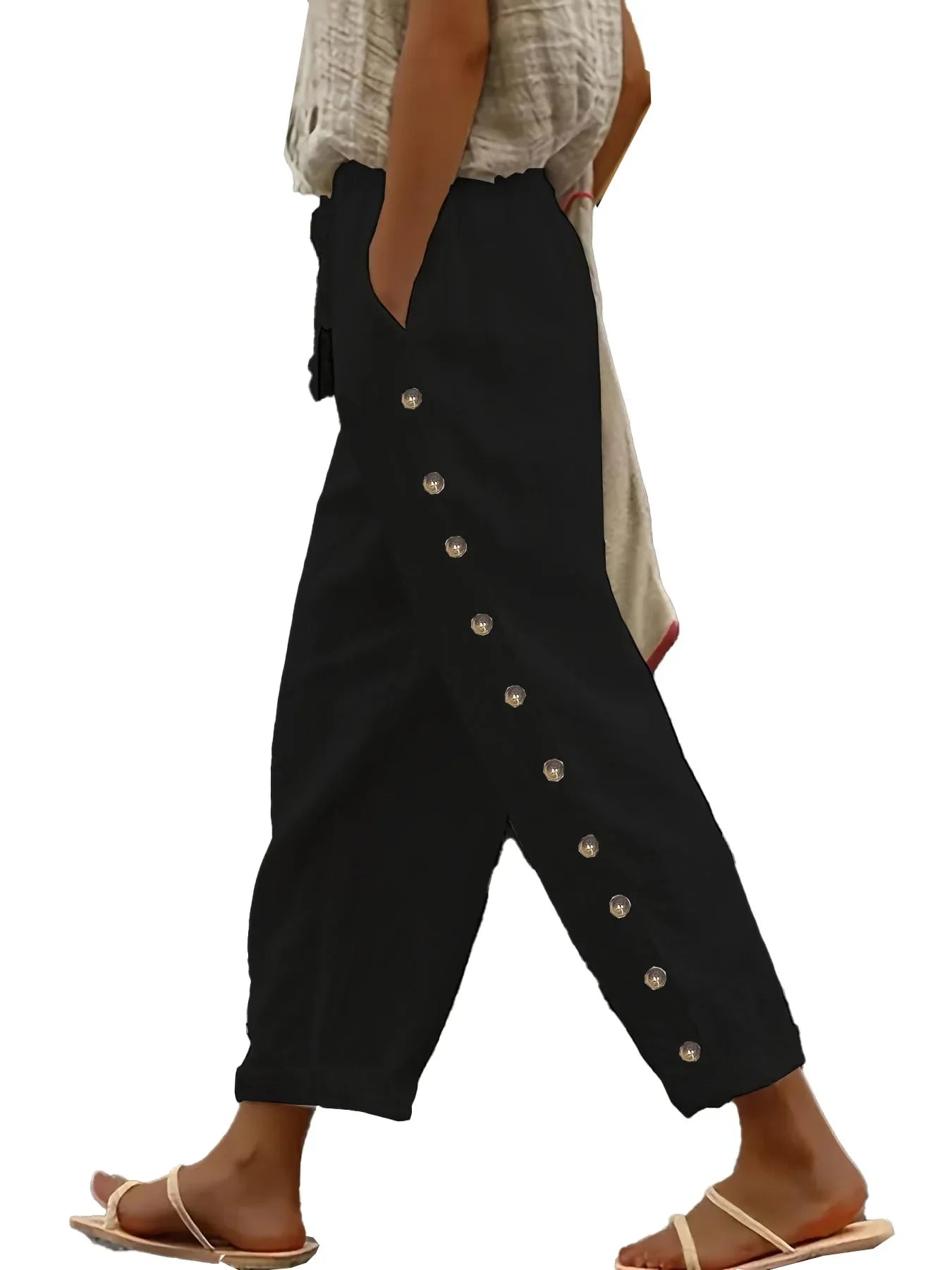 Pantalon en Lin & Coton à Taille Élastique 7/8 - Détail Bouton Longueur