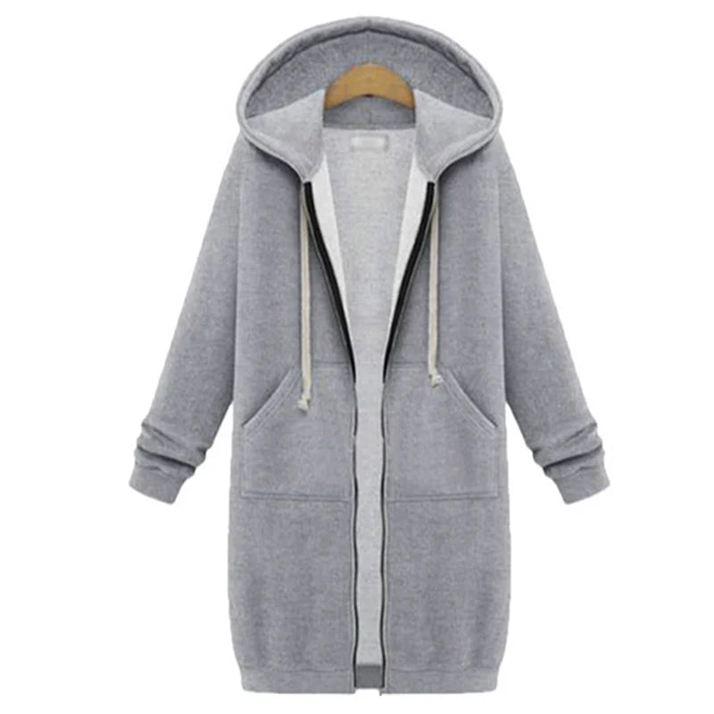 Gilet Sweat Long à Capuche, Épais, Zippé avec Poches – Pour Femme Automne/Hiver