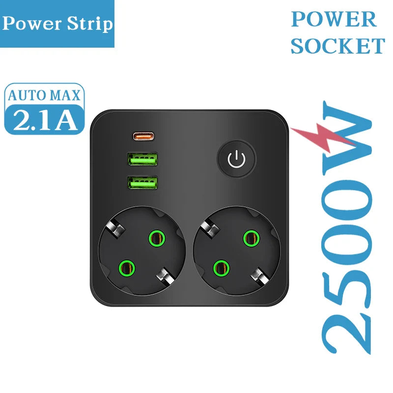 Multiprise Bouton ON/OFF - 2 prises/ 2 Ports USB/ 1 Port USB Type-C
