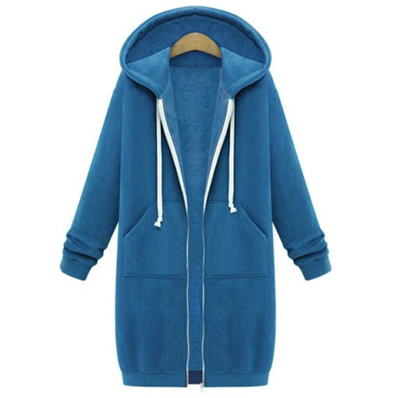 Gilet Sweat Long à Capuche, Épais, Zippé avec Poches – Pour Femme Automne/Hiver