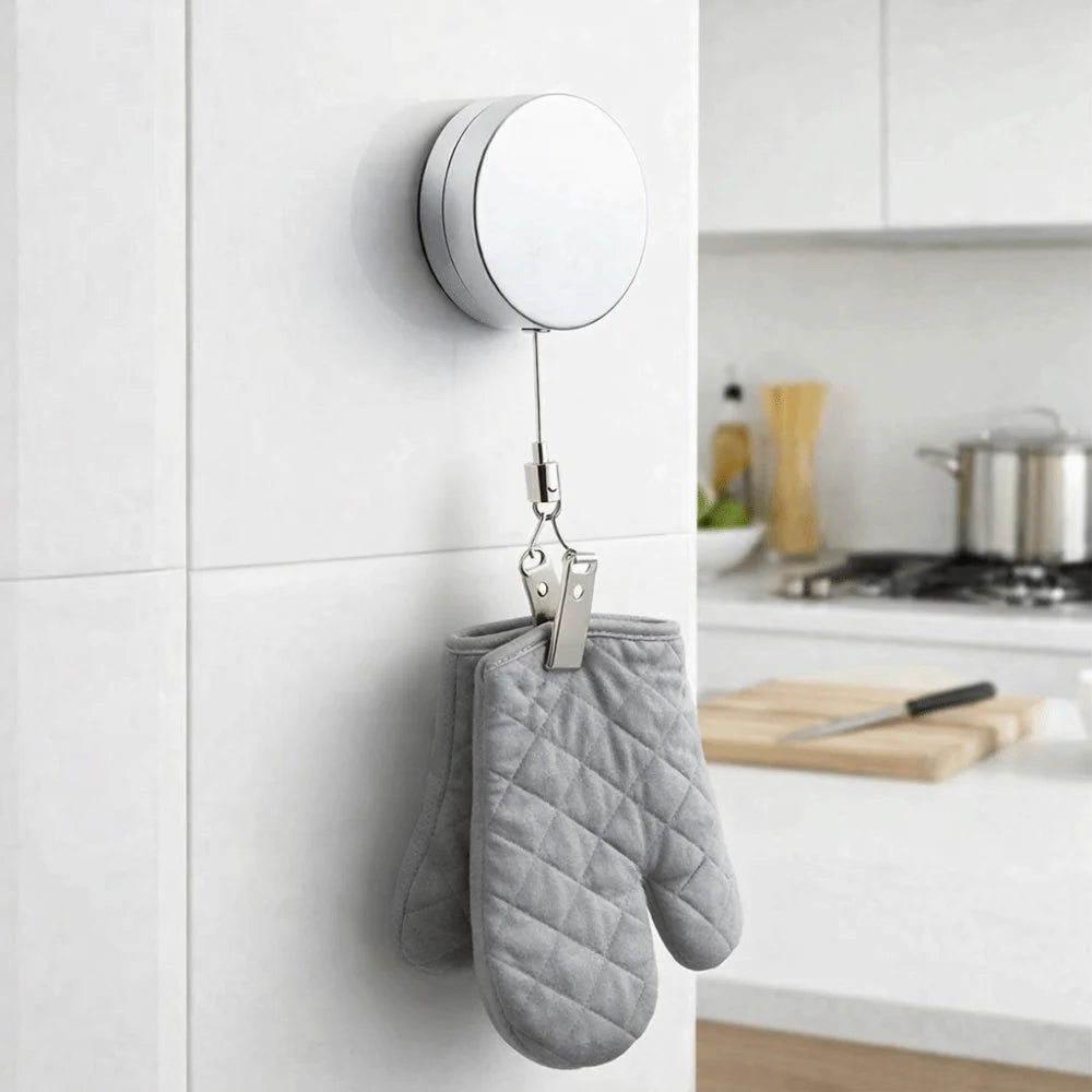 Porte-Serviette Mural Rétractable Auto-Adhésif — Lot de 2, Clip Inox, Salle de Bain & Cuisine