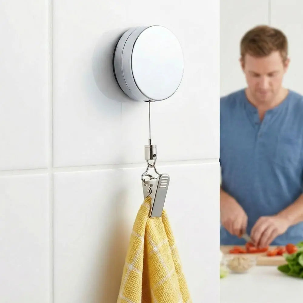 Porte-Serviette Mural Rétractable Auto-Adhésif — Lot de 2, Clip Inox, Salle de Bain & Cuisine
