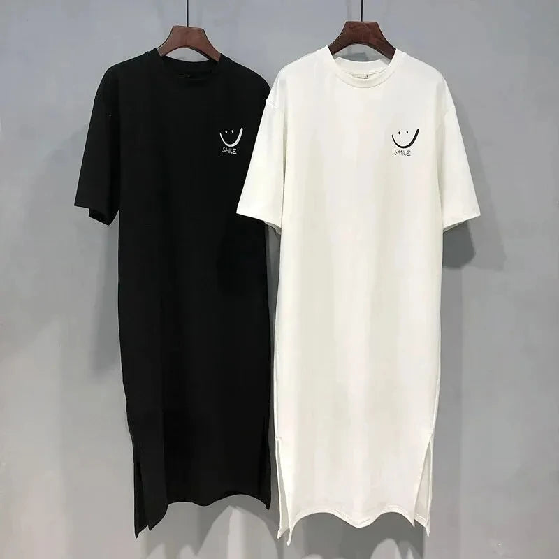 Robe T-Shirt Longue Oversize Imprimé Smile Décontractée - Femme