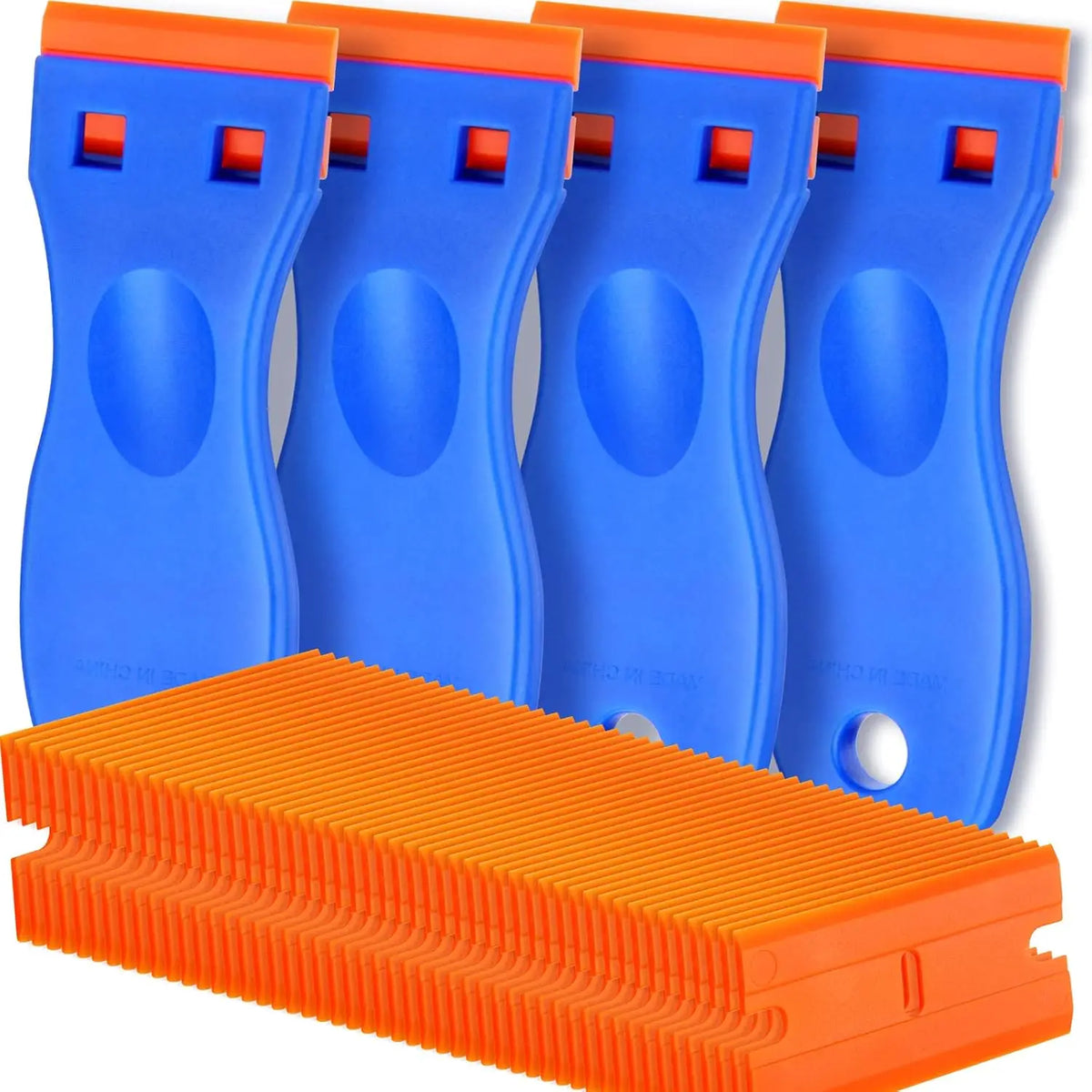 Kit de 4 Grattoirs en Plastique + 100 Lames OFFERTES – Retrait d’Autocollants, Étiquettes & Peinture