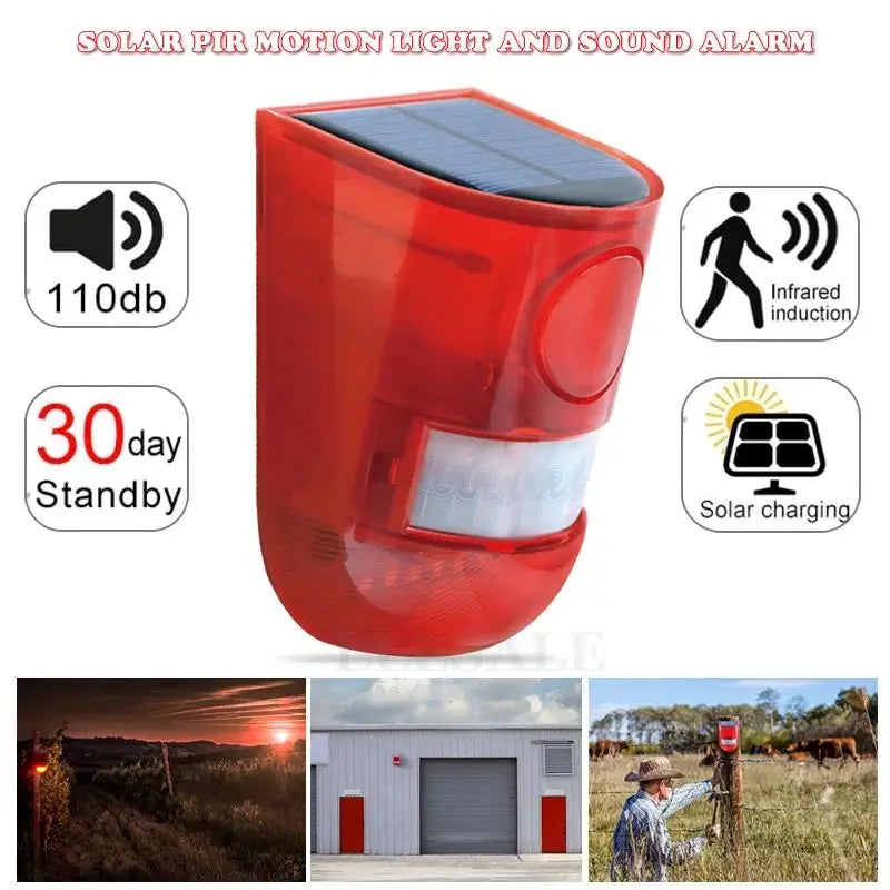Alarme Solaire Extérieure 110 dB avec Détecteur de Mouvement Infrarouge – Sirène et Flash Stroboscopique, 4 Modes
