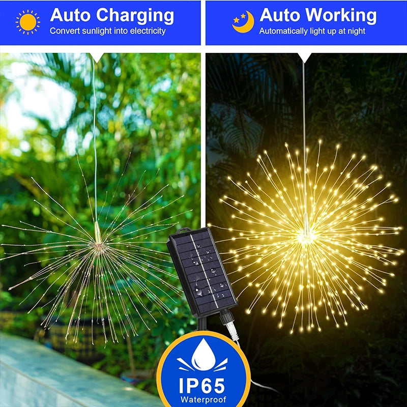 Lot de 4 Lampes Solaires Feu d’Artifice Extérieures – Guirlandes LED Suspendues, 8 Modes, Intensité Réglable et Étanches pour Jardin et Fêtes