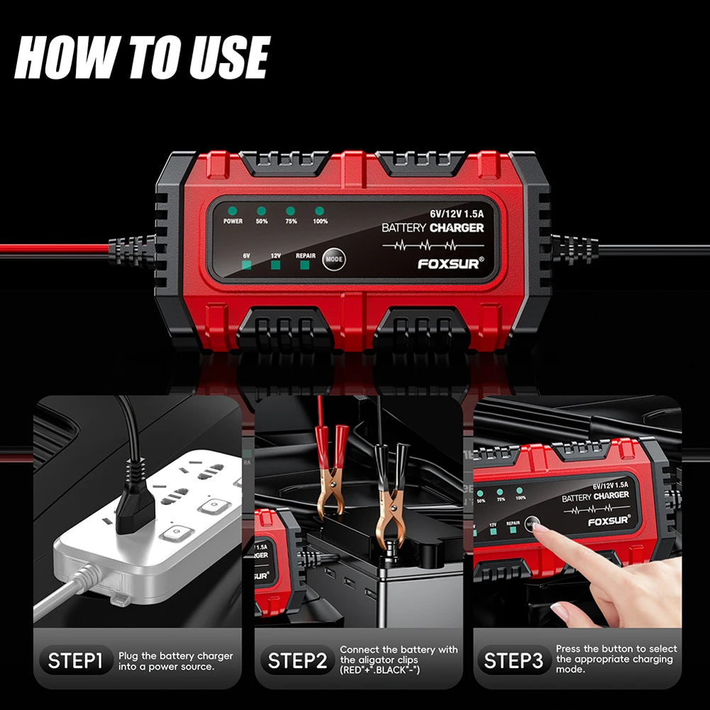 Chargeur de Batterie Intelligent 6V/12V 1,5A – Mainteneur de Charge pour Voiture, Moto, Camion et Bateau