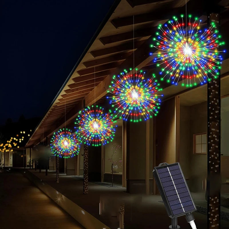 Lot de 4 Lampes Solaires Feu d’Artifice Extérieures – Guirlandes LED Suspendues, 8 Modes, Intensité Réglable et Étanches pour Jardin et Fêtes