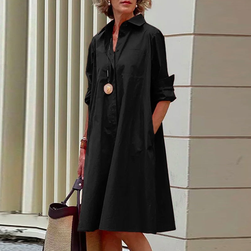 Robe chemise mi-longue col rabattu et poches - Collection 2024