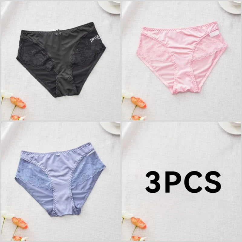 Lot de 3 Culottes en Satin Sexy avec Dentelle