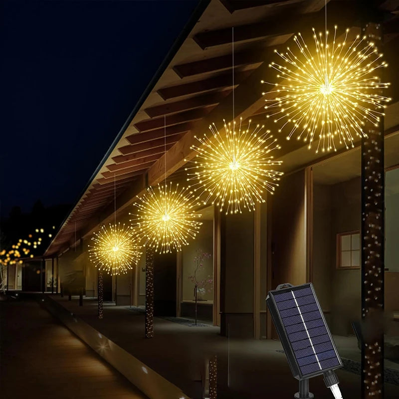 Lot de 4 Lampes Solaires Feu d’Artifice Extérieures – Guirlandes LED Suspendues, 8 Modes, Intensité Réglable et Étanches pour Jardin et Fêtes