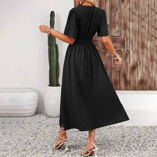 Robe longue Infroissable Col V à Taille Cintrée