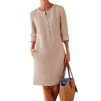 Robe Tunique à Col Mao, Larges Poches & Manches 3/4 Retroussées