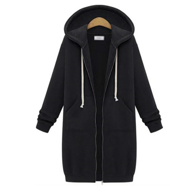 Gilet Sweat Long à Capuche, Épais, Zippé avec Poches – Pour Femme Automne/Hiver
