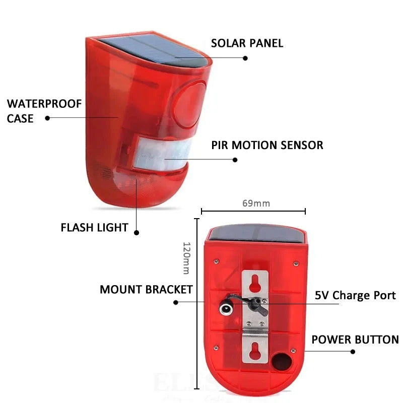 Alarme Solaire Extérieure 110 dB avec Détecteur de Mouvement Infrarouge – Sirène et Flash Stroboscopique, 4 Modes