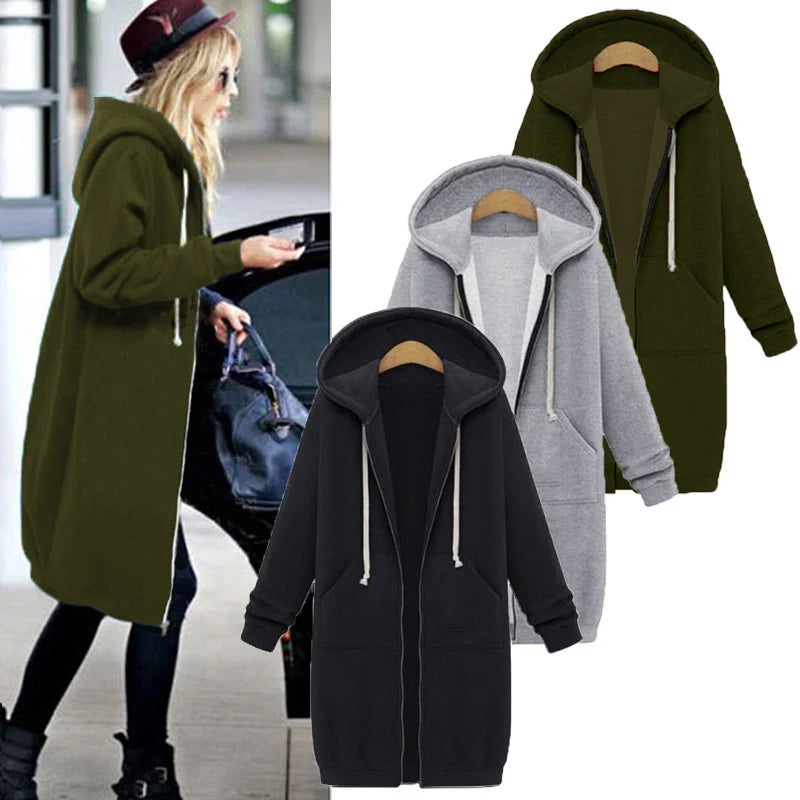 Gilet Sweat Long à Capuche, Épais, Zippé avec Poches – Pour Femme Automne/Hiver