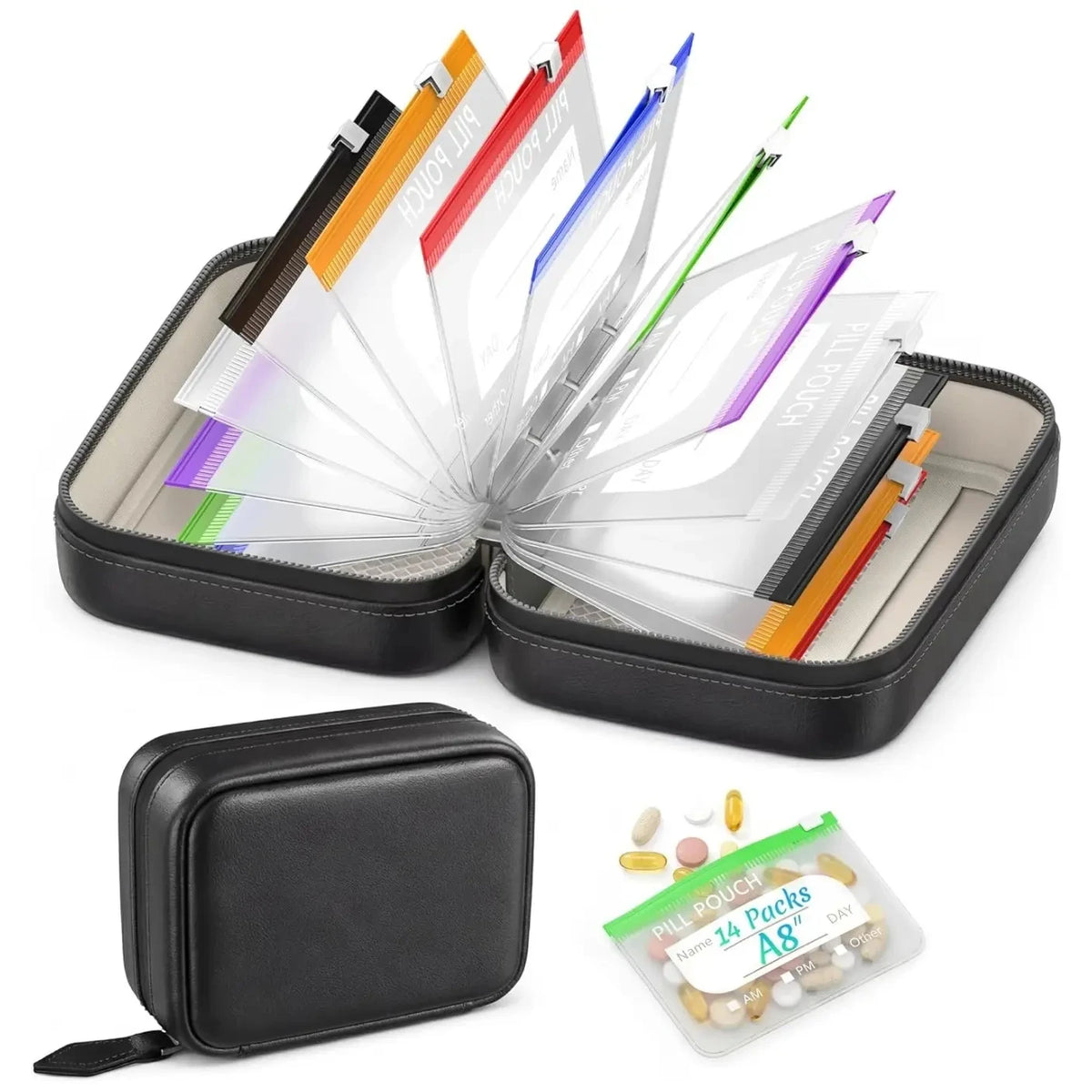 Organisateur Multifonction 14 Pochettes Détachables – Classeur de Rangement en Cuir PU pour Pilules, Bijoux et Accessoires