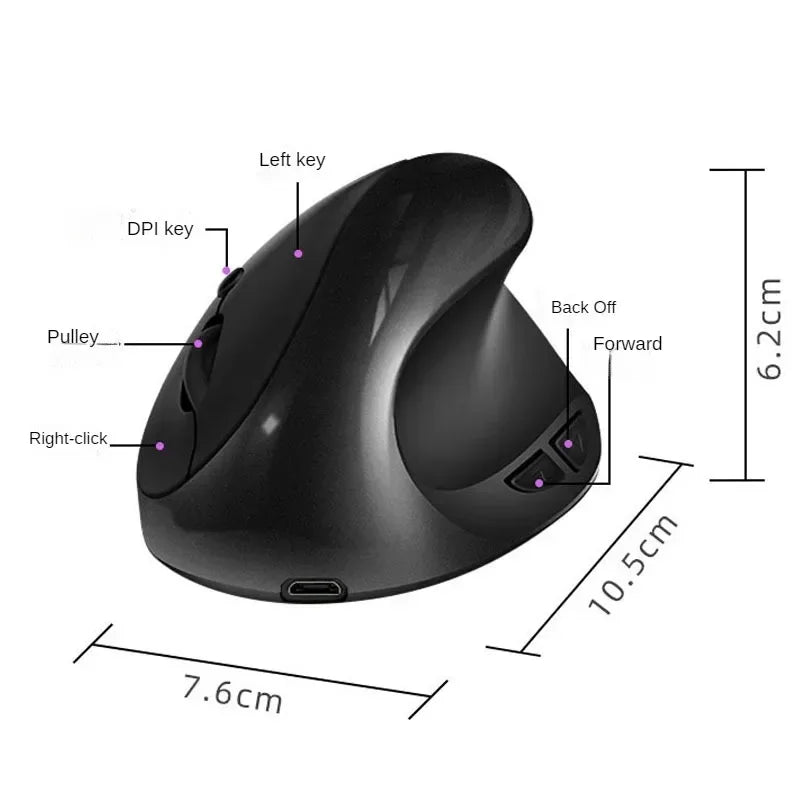 Souris verticale ergonomique sans fil rechargeable — 2.4G, USB, 1600 DPI, 6 boutons