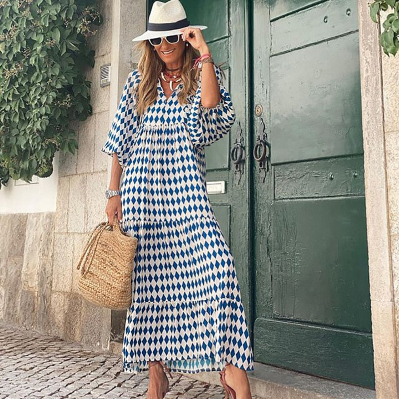 Robe longue élégante à manches bouffantes - Motifs