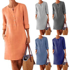Robe Tunique à Col Mao, Larges Poches & Manches 3/4 Retroussées