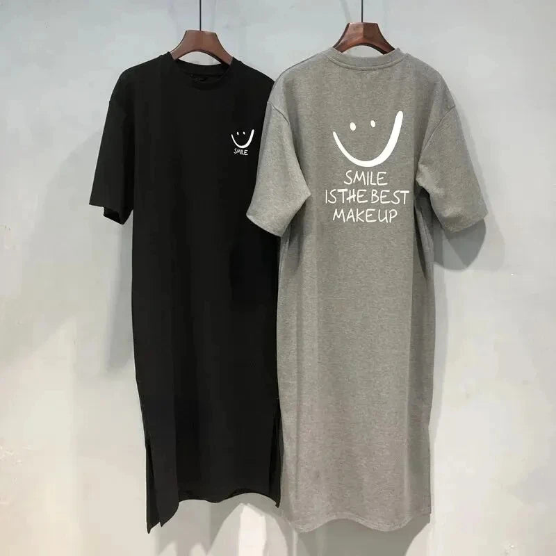Robe T-Shirt Longue Oversize Imprimé Smile Décontractée - Femme