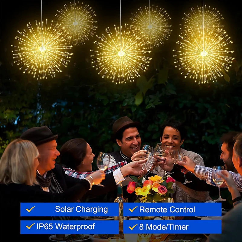 Lot de 4 Lampes Solaires Feu d’Artifice Extérieures – Guirlandes LED Suspendues, 8 Modes, Intensité Réglable et Étanches pour Jardin et Fêtes