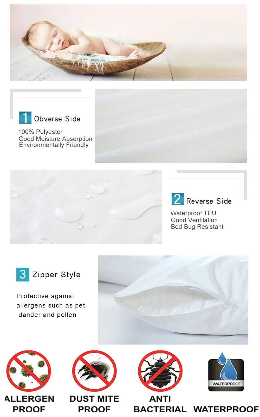 Lot de 2 Taies d'Oreiller Imperméable Hypoallergénique et anti-acariens