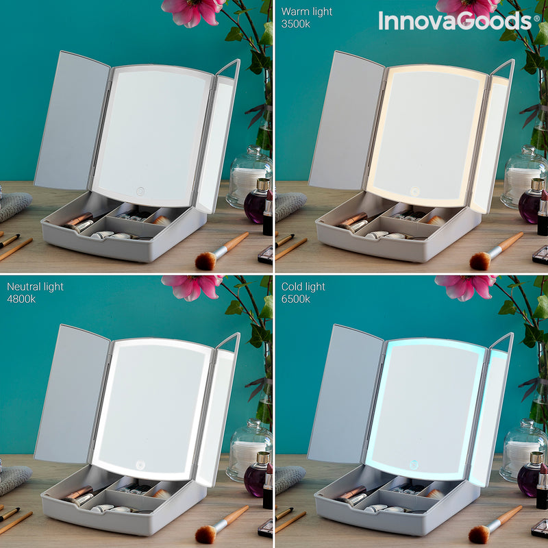 Miroir LED Pliable avec Organisateur de Maquillage 3-en-1 Panomir InnovaGoods