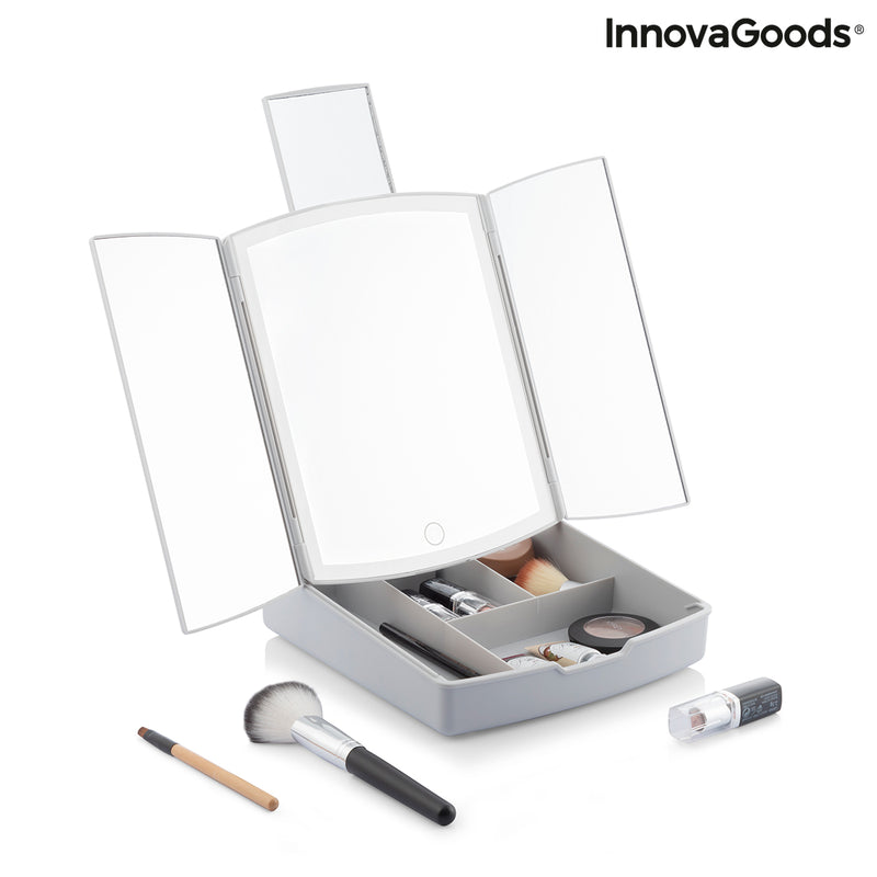 Miroir LED Pliable avec Organisateur de Maquillage 3-en-1 Panomir InnovaGoods