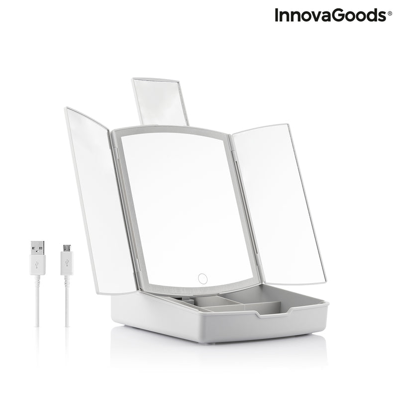 Miroir LED Pliable avec Organisateur de Maquillage 3-en-1 Panomir InnovaGoods